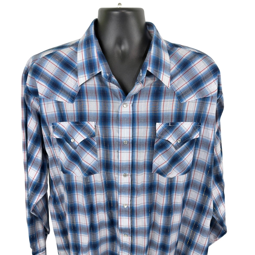 ELY CATTLEMAN Western‎ Plaid Long Sleeve Snap Shirt Mens XXL Blue Red Gold